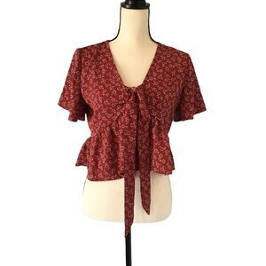SHEIN Ditsy Babydoll Blouse Short Sleeve V-Neck & Tie Detail At Neck Size Small